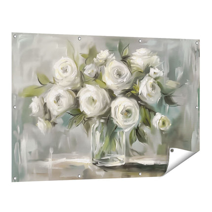 Tuinposter vooraanzicht Witte Rozen in een Vaas
