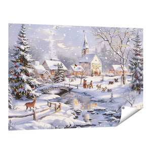 Tuinposter vooraanzicht Kunstwerk van een Dorp in de Sneeuw