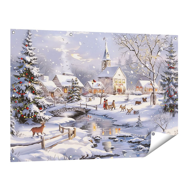 Tuinposter vooraanzicht Kunstwerk van een Dorp in de Sneeuw