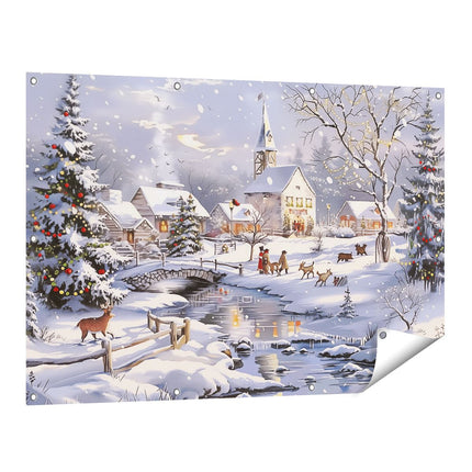Tuinposter vooraanzicht Kunstwerk van een Dorp in de Sneeuw