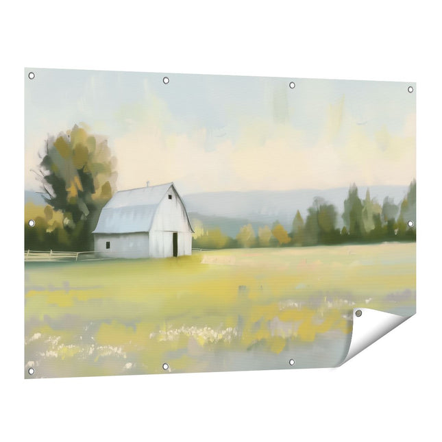 Tuinposter vooraanzicht Kunstwerk van een Schuur in een Veld
