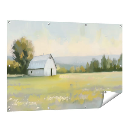 Tuinposter vooraanzicht Kunstwerk van een Schuur in een Veld