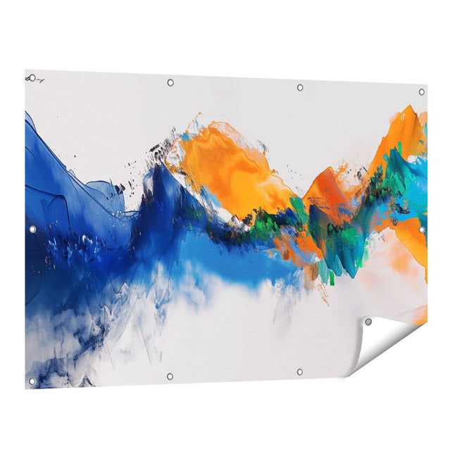 Tuinposter vooraanzicht Blauw, Oranje en Groen Artwork op een Witte Achtergrond