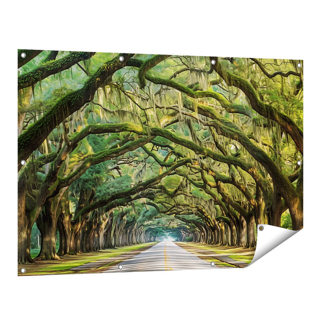 Tuinposter vooraanzicht Met Bomen Omzoomde Weg in Charleston, Zuid-Carolina