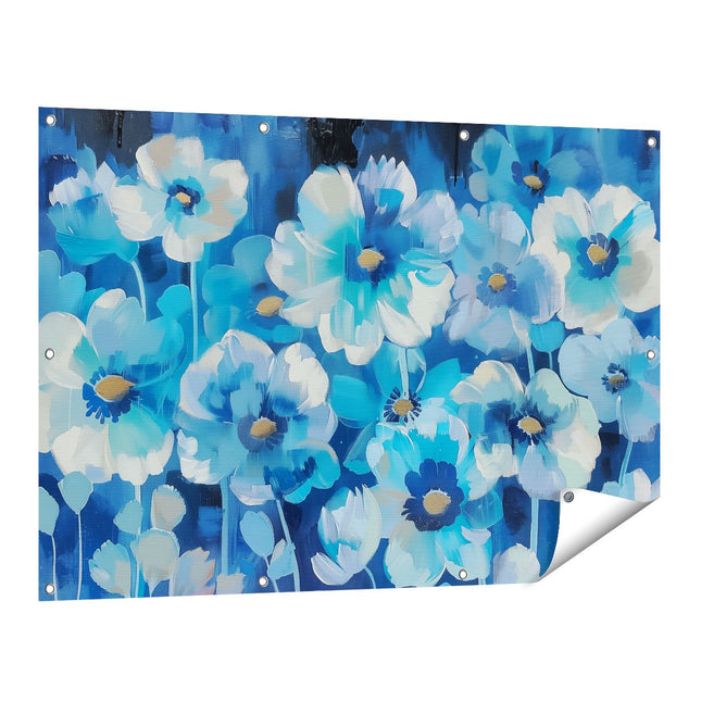 Tuinposter vooraanzicht Blauwe Bloemen op een Zwarte Achtergrond