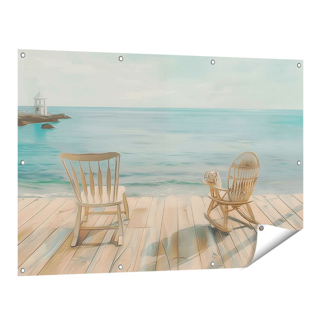 Tuinposter vooraanzicht Twee Schommelstoelen op een Houten Terras met Uitzicht op de Oceaan