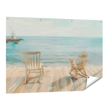 Tuinposter vooraanzicht Twee Schommelstoelen op een Houten Terras met Uitzicht op de Oceaan