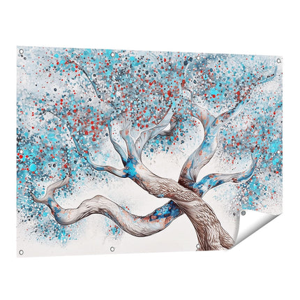 Tuinposter vooraanzicht Kunstwerk van een Boom met Blauwe en Rode Verf