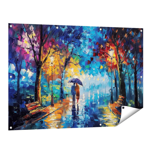 Tuinposter vooraanzicht Vrouw met een Paraplu in de Regen