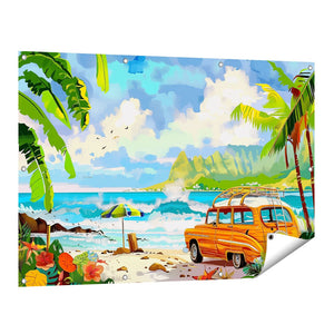 Tuinposter vooraanzicht Oranje Busje Geparkeerd op het Strand