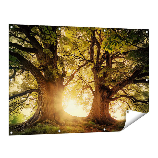 Tuinposter vooraanzicht De Zon schijnt door de Bomen