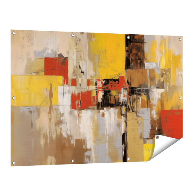 Tuinposter vooraanzicht Abstract Kunstwerk met Rode, Gele en Bruine Vierkanten