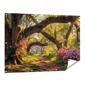 Tuinposter vooraanzicht Pad door een Bos met Bloemen