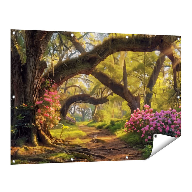 Tuinposter vooraanzicht Pad door een Bos met Bloemen