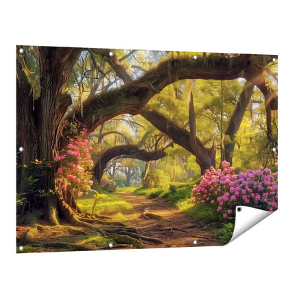 Tuinposter vooraanzicht Pad door een Bos met Bloemen