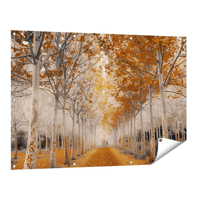 Tuinposter vooraanzicht Weg Omzoomd met Bomen in de Herfst