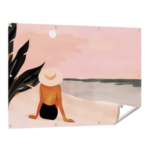 Tuinposter vooraanzicht Vrouw Zittend op het Strand