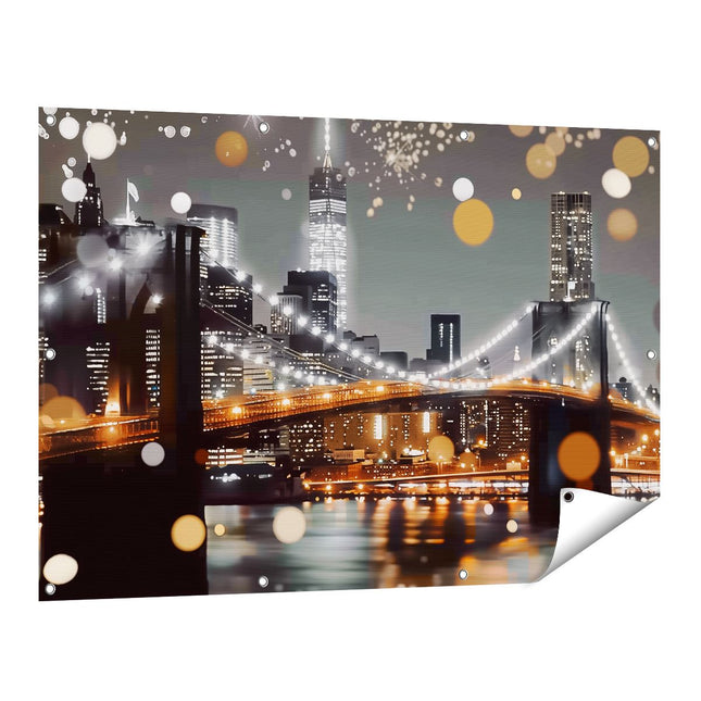 Tuinposter vooraanzicht De Brooklyn Bridge is Verlicht met Verlichting