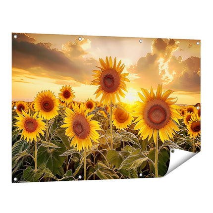 Tuinposter vooraanzicht Zonnebloemen in een Veld bij Zonsondergang