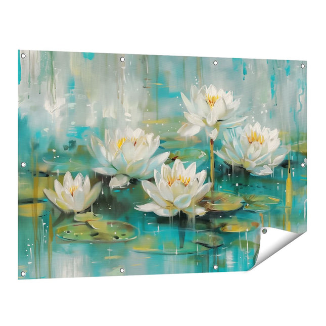 Tuinposter vooraanzicht Witte Waterlelies in het Water