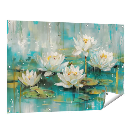 Tuinposter vooraanzicht Witte Waterlelies in het Water
