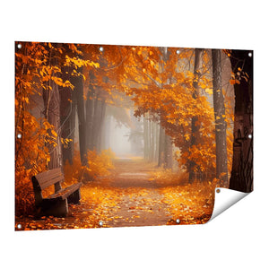 Tuinposter vooraanzicht Bankje in een Mistig Bos