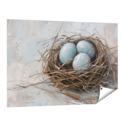 Tuinposter vooraanzicht Drie Blauwe Eieren in een Nest