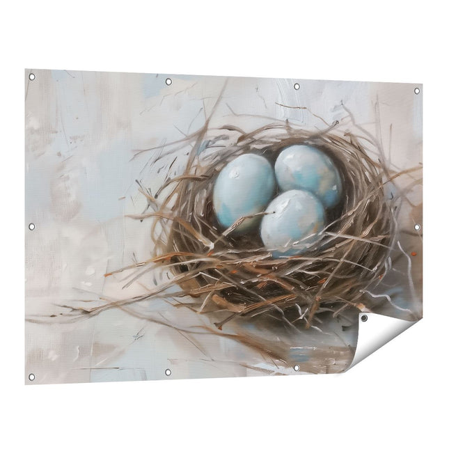 Tuinposter vooraanzicht Drie Blauwe Eieren in een Nest