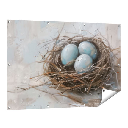 Tuinposter vooraanzicht Drie Blauwe Eieren in een Nest