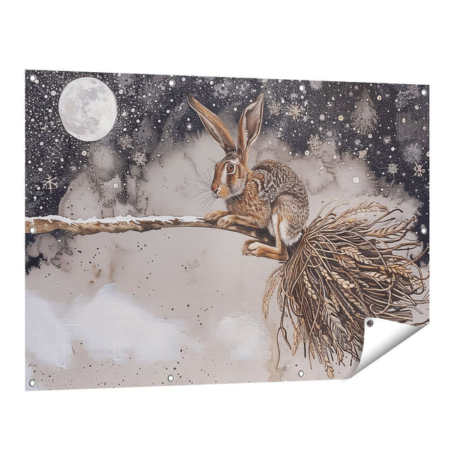 Tuinposter vooraanzicht Haas met een Bezem in de Sneeuw