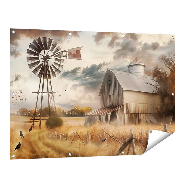 Tuinposter vooraanzicht Boerderij met een Windmolen en Kraaien