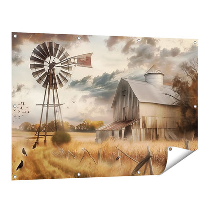 Tuinposter vooraanzicht Boerderij met een Windmolen en Kraaien