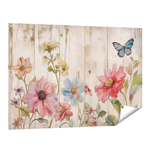 Tuinposter vooraanzicht Kunstwerk van Bloemen en een Vlinder op een Houten Muur