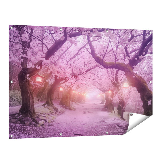 Tuinposter vooraanzicht Sakura Bloeit op een Pad met Lantaarns