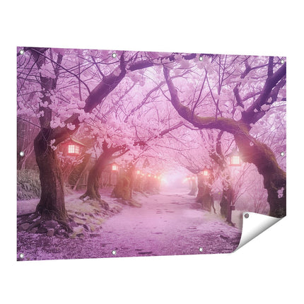 Tuinposter vooraanzicht Sakura Bloeit op een Pad met Lantaarns