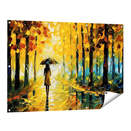 Tuinposter vooraanzicht Vrouw die in de Regen loopt met een Paraplu