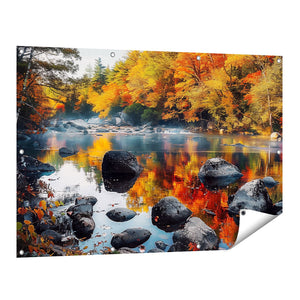 Tuinposter vooraanzicht Rivier Omringd door Bomen en Rotsen
