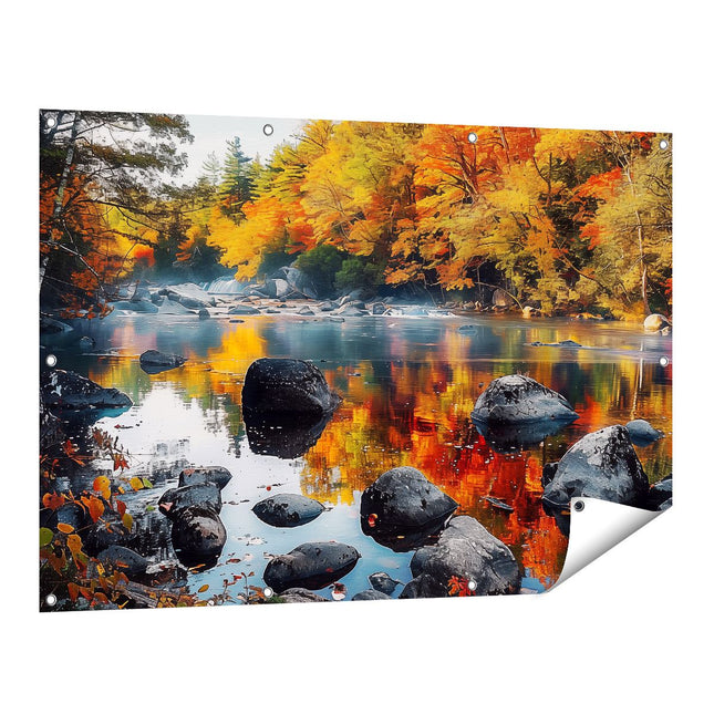 Tuinposter vooraanzicht Rivier Omringd door Bomen en Rotsen