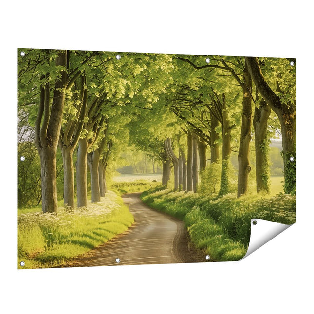 Tuinposter vooraanzicht Weg Omzoomd met Bomen