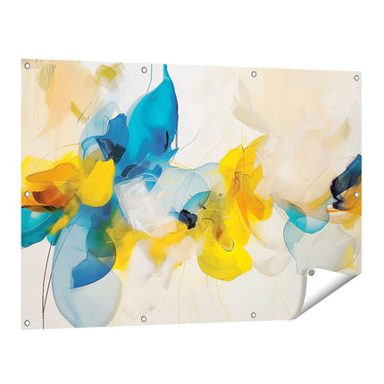 Tuinposter vooraanzicht Abstract Kunstwerk van Blauwe en Gele Bloemen