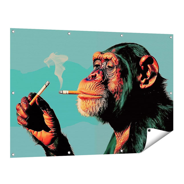 Tuinposter vooraanzicht Chimpansee die een Sigaret Rookt