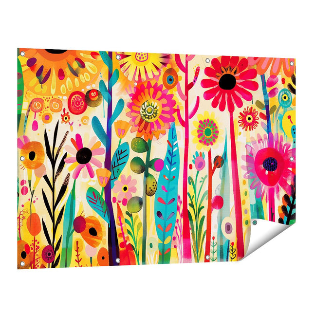 Tuinposter vooraanzicht Kleurrijke Bloemen in een Veld