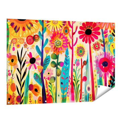 Tuinposter vooraanzicht Kleurrijke Bloemen in een Veld