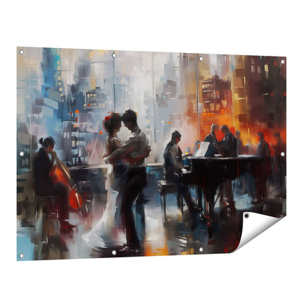 Tuinposter vooraanzicht Kunstwerk van een Koppel dat Danst voor een Piano