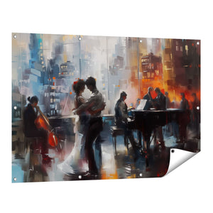 Tuinposter vooraanzicht Kunstwerk van een Koppel dat Danst voor een Piano
