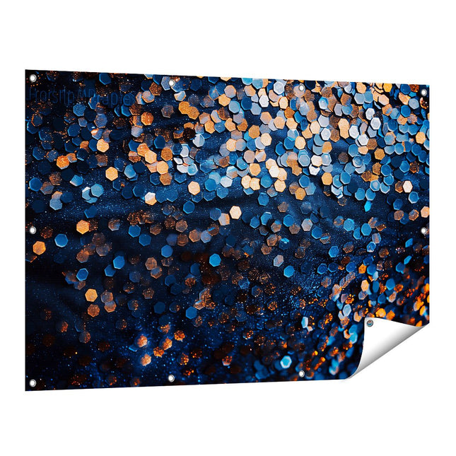 Tuinposter vooraanzicht Blauwe en Oranje Achtergrond met veel Glitters