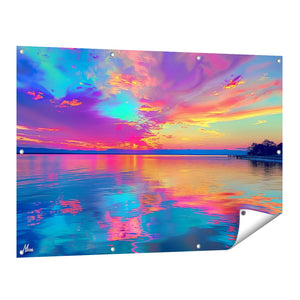 Tuinposter vooraanzicht Kleurrijke Zonsondergang over een Watermassa