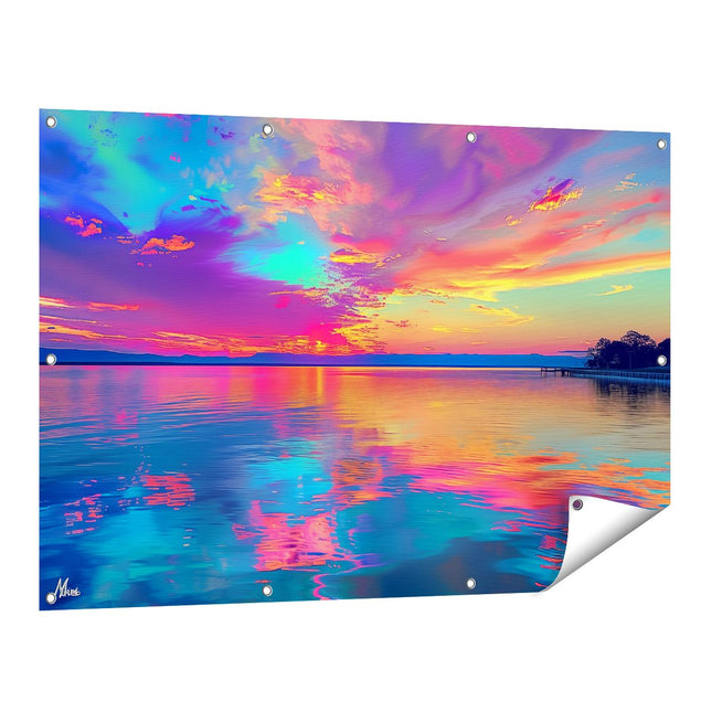 Tuinposter vooraanzicht Kleurrijke Zonsondergang over een Watermassa