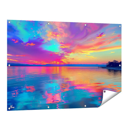 Tuinposter vooraanzicht Kleurrijke Zonsondergang over een Watermassa