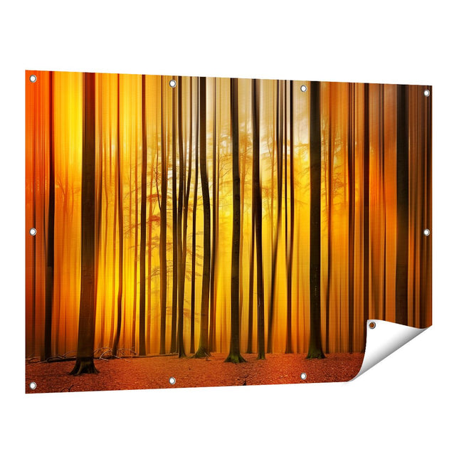 Tuinposter vooraanzicht Bos van Bomen bij Zonsondergang
